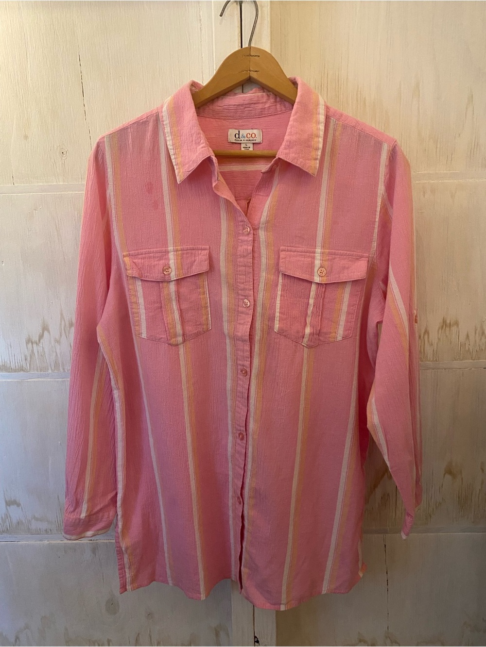 Denim&Co Pink and Cream Striped Button-Down Shirt Large